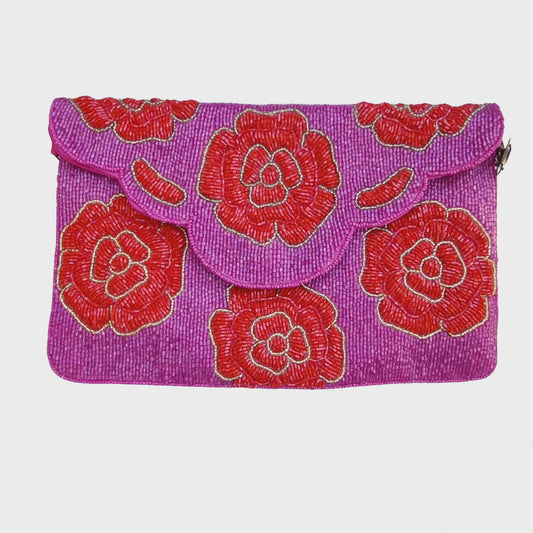 Beaded Clutch Pink & Red Floral