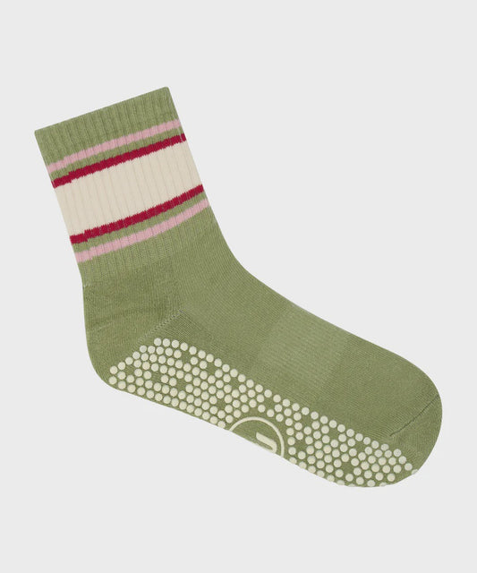 Crew Non Slip Grip Socks - Stripe Sage & Oat